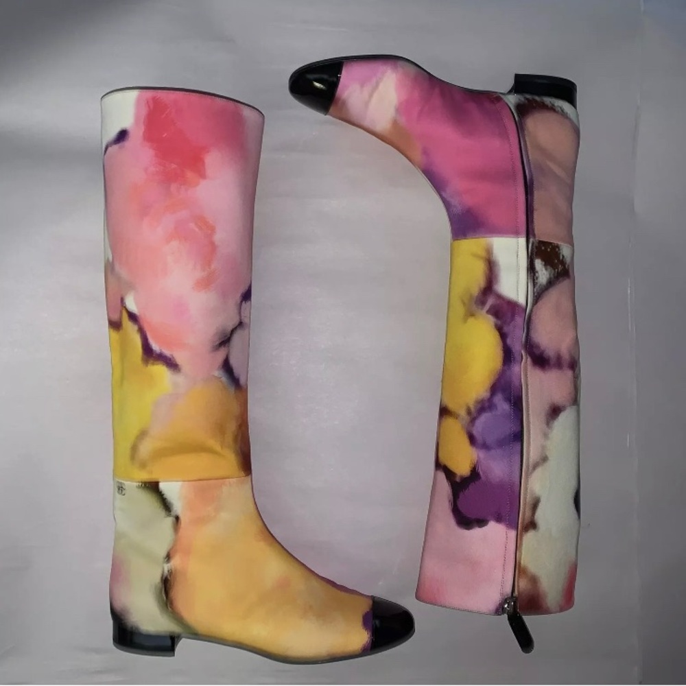 CHANEL size 38.5 abstract floral watercolor RIDING BOOTS spring 2015 collection